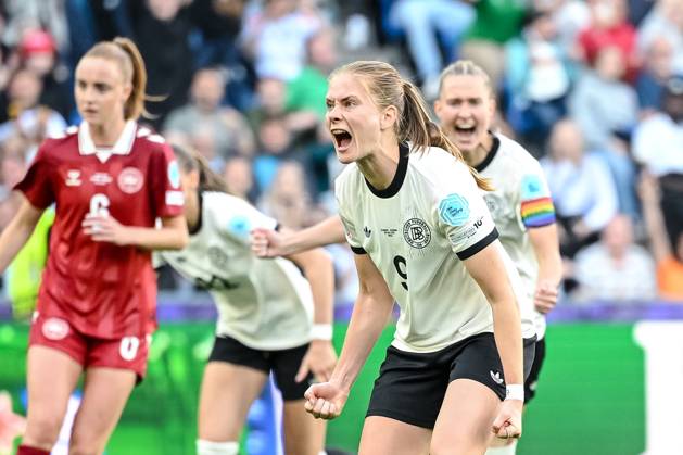 Sjoeke Nuesken (Germany) celebrates after scoring her team s first goal during the UEFA Women s EURO 2025 Group C match between Germany and Denmark at St. Jakob‘Park on July 8, 2025 in Basel, Switzerland. (Photo by Harry Langer DeFodi Images)