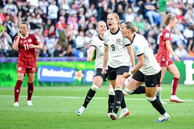 Sjoeke Nuesken (Germany) celebrates after scoring her team s first goal with teammates during the UEFA Women s EURO 2025 Group C match between Germany and Denmark at St. Jakob‘Park on July 8, 2025 in Basel, Switzerland. (Photo by Harry Langer DeFodi Images)