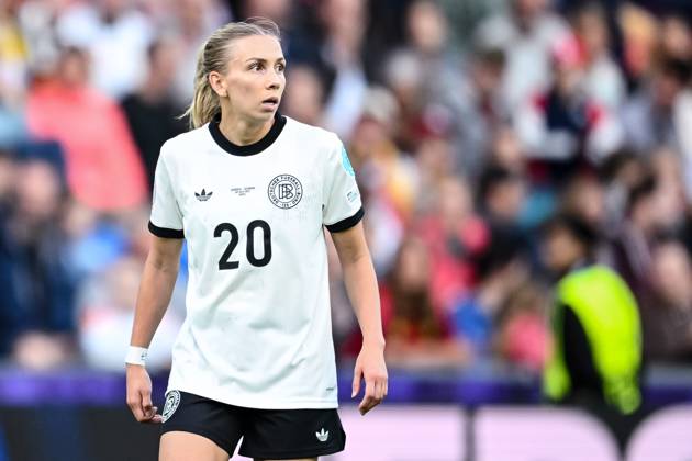 Elisa Senss (Germany) Looks on during the UEFA Women s EURO 2025 Group C match between Germany and Denmark at St. Jakob‘Park on July 8, 2025 in Basel, Switzerland. (Photo by Harry Langer DeFodi Images)