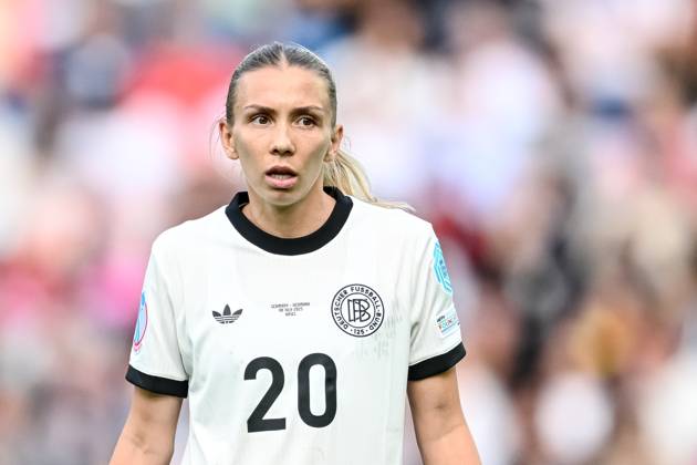 Elisa Senss (Germany) Looks on during the UEFA Women s EURO 2025 Group C match between Germany and Denmark at St. Jakob‘Park on July 8, 2025 in Basel, Switzerland. (Photo by Harry Langer DeFodi Images)