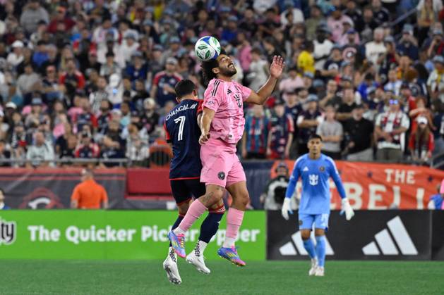 July 9, 2025; Foxborough, Massachusetts, USA; Inter Miami defender Maximiliano Falcon (37) heads the ball against New England Revolution forward Tomas Chancalay (7) during the second half at Gillette Stadium. CSM Foxborough USA - ZUMAc04_ 20250709_zma_c04_084 Copyright: xEricxCanhax