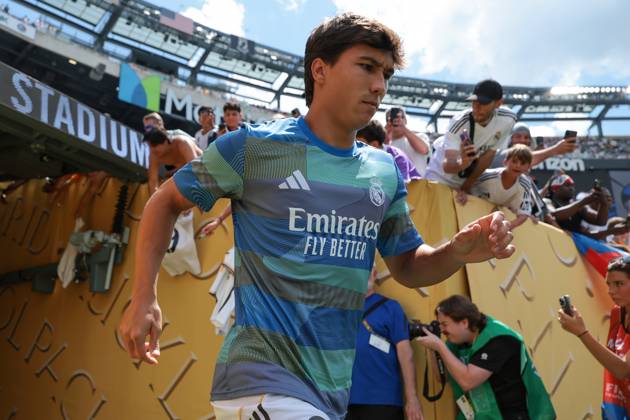New Jersey, USA, 9th July 2025. Gonzalo Garcia of Real Madrid enters the field of play for the warm up prior to the Paris Saint Germain vs Real Madrid FIFA Club World Cup Semi Final match at Metlife Stadium, New Jersey. Picture credit should read: Jonathan Moscrop Sportimage EDITORIAL USE ONLY. No use with unauthorised audio, video, data, fixture lists, club league logos or live services. Online in-match use limited to 120 images, no video emulation. No use in betting, games or single club league player publications. SPI_157_JM_PSG_REALMADRID_ SPI-4012-0157