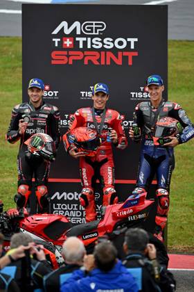 MOTO - MOTO GP - GERMANY GRAND PRIX 2025 MARQUEZ Marc (spa), Ducati Lenovo Team, Ducati Desmosedici GP25, podium, portrait with BEZECCHI Marco (ita), Aprilia Racing Team Gresini, Aprilia RS-GP 2025 and QUARTARARO Fabio (fra), Monster Energy Yamaha MotoGP, Yamaha YZR-M1 during the 2025 MotoGP Motul Liqui Moly Grand Prix of Germany, Germany GP, on the Sachsenring circuit, from July 11 to 13, in Germany - Hohenstein-ErnstthalGermany Copyright: xGIGIxSOLDANOx