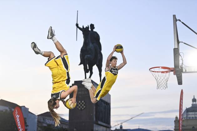 Performance by the Dunking Devils acrobatic group as part of the 3X3 PRO Basketball Tournament in Zagreb Performance by the Dunking Devils acrobatic group as part of the 3X3 PRO Basketball Tournament at King Tomislav Square, in Zagreb, Croatia on July 12, 2025.  IgorxSoban PIXSELL