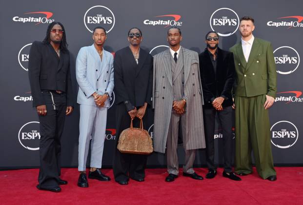 Luguentz Dort, Aaron Wiggins, Jalen Williams, Shai Gilgeous-Alexander, Isaiah Joe and Isaiah Hartenstein (L-R) attend the ESPY Awards at the Dolby Theatre in the Hollywood section of Los Angeles on Wednesday, July 16, 2025. The annual event honors the top athletes and performances of the year.  LAP2025071601 JIMxRUYMEN