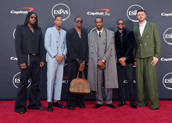 Luguentz Dort, Aaron Wiggins, Jalen Williams, Shai Gilgeous-Alexander, Isaiah Joe and Isaiah Hartenstein (L-R) attend the ESPY Awards at the Dolby Theatre in the Hollywood section of Los Angeles on Wednesday, July 16, 2025. The annual event honors the top athletes and performances of the year.  LAP2025071602 JIMxRUYMEN