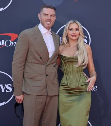 Freddie Freeman (L) and his wife Chelsea Freeman attend the annual ESPY Awards at the Dolby Theatre in the Hollywood section of Los Angeles on Wednesday, July 16, 2025. The annual event honors the top athletes and performances of the year.  LAP2025071608 JIMxRUYMEN