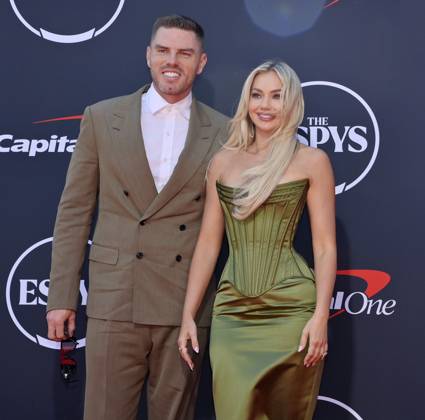 Freddie Freeman (L) and his wife Chelsea Freeman attend the annual ESPY Awards at the Dolby Theatre in the Hollywood section of Los Angeles on Wednesday, July 16, 2025. The annual event honors the top athletes and performances of the year.  LAP2025071610 JIMxRUYMEN