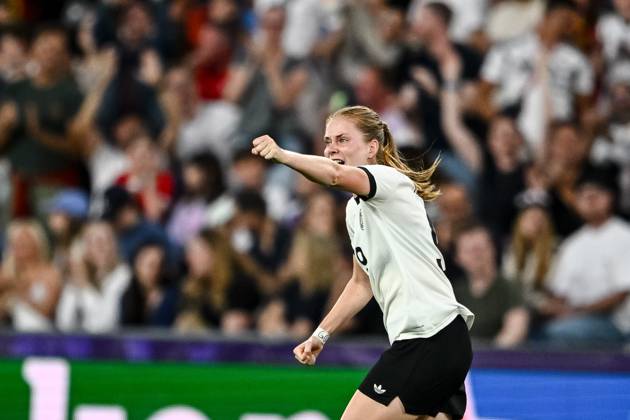 Sjoeke Nuesken (Germany) celebrates after scoring her team s first goal during the UEFA Women s EURO 2025 Quarter-Final match between France and Germany at St. Jakob-Park on July 19, 2025 in Basel, Switzerland. (Photo by Harry Langer DeFodi Images)