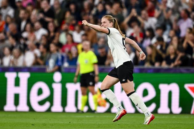 Sjoeke Nuesken (Germany) celebrates after scoring her team s first goal during the UEFA Women s EURO 2025 Quarter-Final match between France and Germany at St. Jakob-Park on July 19, 2025 in Basel, Switzerland. (Photo by Harry Langer DeFodi Images)