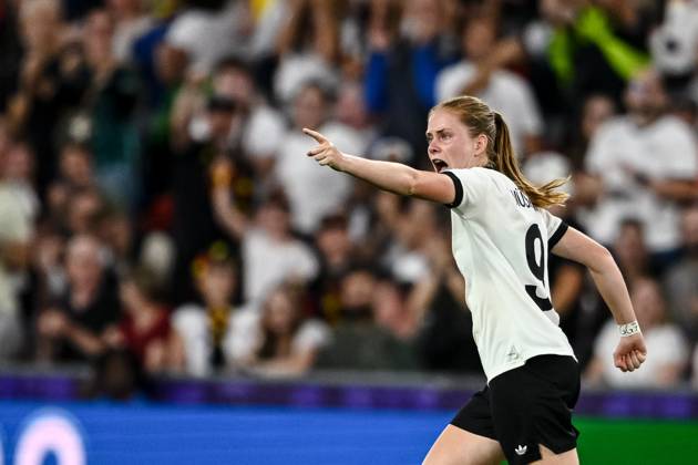 Sjoeke Nuesken (Germany) celebrates after scoring her team s first goal during the UEFA Women s EURO 2025 Quarter-Final match between France and Germany at St. Jakob-Park on July 19, 2025 in Basel, Switzerland. (Photo by Harry Langer DeFodi Images)