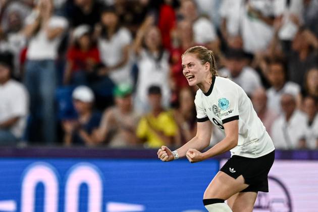 Sjoeke Nuesken (Germany) celebrates after scoring her team s first goal during the UEFA Women s EURO 2025 Quarter-Final match between France and Germany at St. Jakob-Park on July 19, 2025 in Basel, Switzerland. (Photo by Harry Langer DeFodi Images)
