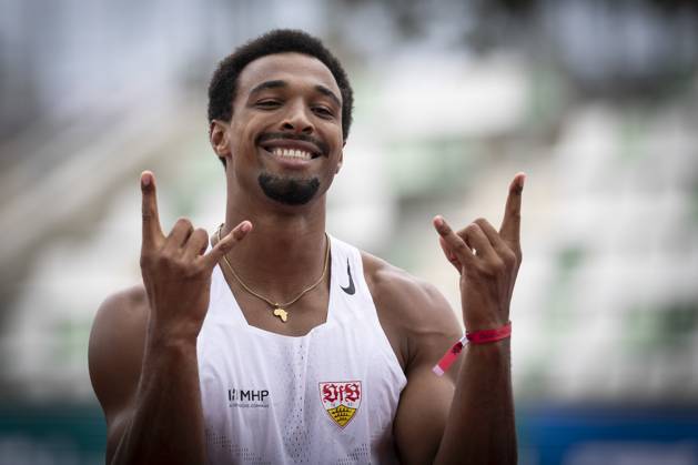 Deutsche Leichtathletik-Meisterschaften (Mehrkampf); Dresden, 01.08.2025 Leo Neugebauer (VfB Stuttgart) nach dem 110m Hürden; Deutsche Leichtathletik-Meisterschaften (Mehrkampf) am 01.08.2025 im Heinz-Steyer-Stadion, Dresden (Sachsen). Copyright: xBEAUTIFULxSPORTS AxelxKohringx