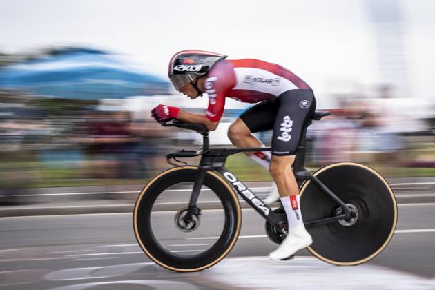 Stage 3. of PostNord Danmark Rundt 2025, Pro Cycling Kerteminde, Denmark. 14th, August 2025. Baptiste Veistroffer of Lotto seen on the road on stage 3 of the professional Road cycling, Rad, Radsport, Strasse race PostNord Danmark Rundt 2025. Stage 3. is an individual time trial stage with start and finish in Kerteminde. Denmark, Kerteminde  Copyright: xGonzalesxPhoto KentxRasmussenx