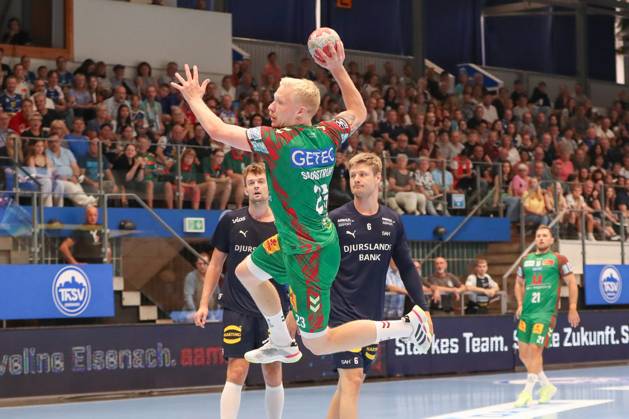 17.08.2025, xgox, Handball - Wartburg Cup SC Magdeburg - Skanderborg Handbold emspor, v.l. Magnus Saugstrup (Magdeburg, 23) am Ball, plays the ball Eisenach