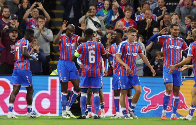 . - Crystal Palace v Fredrikstad FK, UEFA Europa Conference League Play Off, 1st Leg, Selhurst Park Stadium, Croydon, England. - 21st August 2025. (C) Daniel Weir Crystal Pix GOAL 1-0, Jean-Philippe Mateta of Crystal Palace goal celebration with Marc Guehi of Crystal Palace after scoring a goal to put Crystal Palace 1-0 ahead. - Crystal Palace v Fredrikstad FK, UEFA Europa Conference League Play Off, 1st Leg, Selhurst Park Stadium, Croydon, England. - 21st August 2025. (C) Daniel Weir Crystal Pix Croydon Selhurst Park Stadium United Kingdom Copyright: xDanielxWeirx CP_Crystal_Palace_Fredrikstad_13