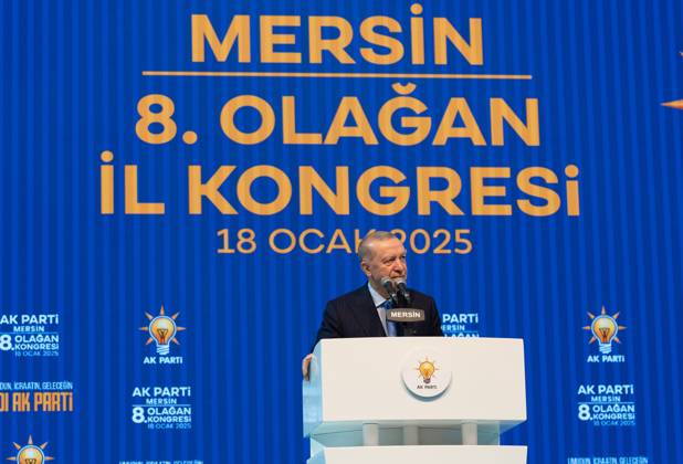 Turkish President Recep Tayyip Erdogan MERSIN, TURIYE - JANUARY 18: Turkish President and leader of the Justice and Development (AK) Party Recep Tayyip Erdogan makes a speech during the AK Party’s 8th Ordinary Provincial Congress at Servet Tazegul Sports Hall in Mersin, Turkiye on January 18, 2025. Mersin Turkey. Editorial use only. Please get in touch for any other usage. Copyright: x2025xAnadoluxEminxSansarx