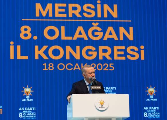 Turkish President Recep Tayyip Erdogan MERSIN, TURIYE - JANUARY 18: Turkish President and leader of the Justice and Development (AK) Party Recep Tayyip Erdogan makes a speech during the AK Party’s 8th Ordinary Provincial Congress at Servet Tazegul Sports Hall in Mersin, Turkiye on January 18, 2025. Mersin Turkey. Editorial use only. Please get in touch for any other usage. Copyright: x2025xAnadoluxEminxSansarx