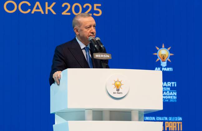 Turkish President Recep Tayyip Erdogan MERSIN, TURIYE - JANUARY 18: Turkish President and leader of the Justice and Development (AK) Party Recep Tayyip Erdogan makes a speech during the AK Party’s 8th Ordinary Provincial Congress at Servet Tazegul Sports Hall in Mersin, Turkiye on January 18, 2025. Mersin Turkey. Editorial use only. Please get in touch for any other usage. Copyright: x2025xAnadoluxEminxSansarx