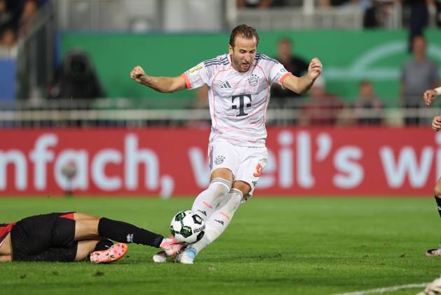 27.08.2025, xdcx, Fussball DFB-Pokal 1. Runde, SV Wehen Wiesbaden - FC Bayern München, v.l., Foul an Harry Kane (FC Bayern München) DFL DFB REGULATIONS PROHIBIT ANY USE OF PHOTOGRAPHS AS IMAGE SEQUENCES AND OR QUASI-VIDEO. Copyright: HMBxMedia Claus