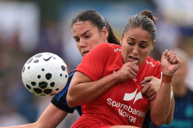 Milan, Italy, 27th August 2025. Marija Ana Milinkovic of FC Internazionale tussles with Brenna Lovera of SK Brann during the SK Brann vs FC Internazionale Women UEFA Womens Champions League match at Youth Development Centre, Milan. Picture credit should read: Jonathan Moscrop Sportimage EDITORIAL USE ONLY. No use with unauthorised audio, video, data, fixture lists, club league logos or live services. Online in-match use limited to 120 images, no video emulation. No use in betting, games or single club league player publications. SPI_048_JM_SKBRANN_INTER_UWCL SPI-4080-0047