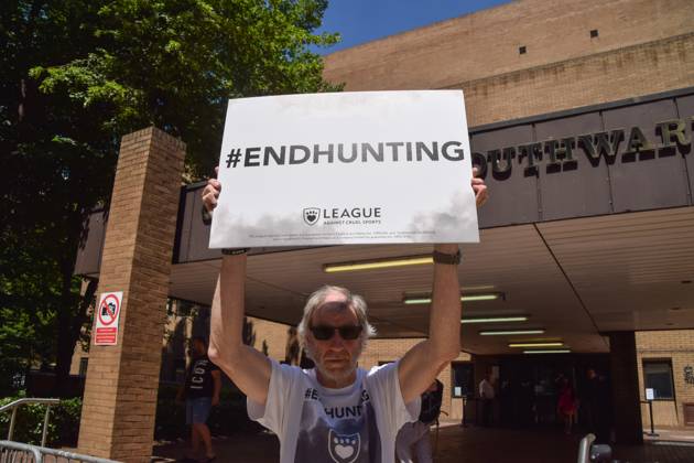 July 8, 2022, London, England, United Kingdom: Activists gathered outside Southwark Crown Court in protest against fox hunting and called for the Hunting Act to be strengthened on the third day of Mark Hankinson s appeal hearing. Hankinson, a disgraced former director of the Hunting Office and huntsman, was found guilty of encouraging or assisting others to use trail hunting as a cover for illegally chasing and killing foxes. Copyright: xVukxValcicx