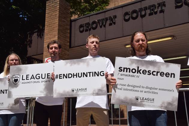 July 8, 2022, London, England, United Kingdom: Activists gathered outside Southwark Crown Court in protest against fox hunting and called for the Hunting Act to be strengthened on the third day of Mark Hankinson s appeal hearing. Hankinson, a disgraced former director of the Hunting Office and huntsman, was found guilty of encouraging or assisting others to use trail hunting as a cover for illegally chasing and killing foxes. Copyright: xVukxValcicx