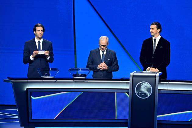 Kaka, Giorgio Marchetti, le secrétaire général de l UEFA, et Zlatan Ibrahimovic durant le tirage au sort de la phase de ligue de la Champions League 2025 - 2026, au Grimaldi Forum à Monaco, le 28 août 2025 Bruno Bebert Bestimage Draw for the group stage of the 2025–2026 UEFA Champions League at the Grimaldi Forum in Monaco on august 28th 2025 Monaco Monaco Copyright: xBrunoxBebertx xBestimagexBrunoxBebertx xBestimagex