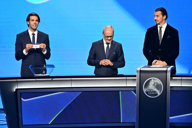 Kaka, Giorgio Marchetti, le secrétaire général de l UEFA, et Zlatan Ibrahimovic durant le tirage au sort de la phase de ligue de la Champions League 2025 - 2026, au Grimaldi Forum à Monaco, le 28 août 2025 Bruno Bebert Bestimage Draw for the group stage of the 2025–2026 UEFA Champions League at the Grimaldi Forum in Monaco on august 28th 2025 Monaco Monaco Copyright: xBrunoxBebertx xBestimagexBrunoxBebertx xBestimagex