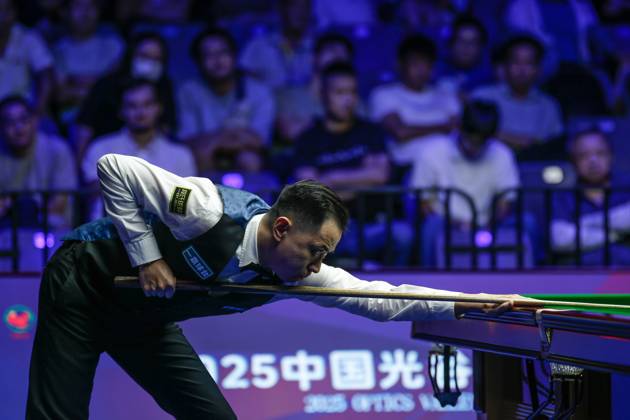 WUHAN, CHINA - AUGUST 29: Xiao Guodong of China plays a shot in the Semifinal match against Mark J Williams of Wales on day 6 of the 2025 Wuhan Open at Optics Valley Gymnasium of HUST on August 29, 2025 in Wuhan, Hubei Province of China. Copyright: xTaixChengzhex 111587654952