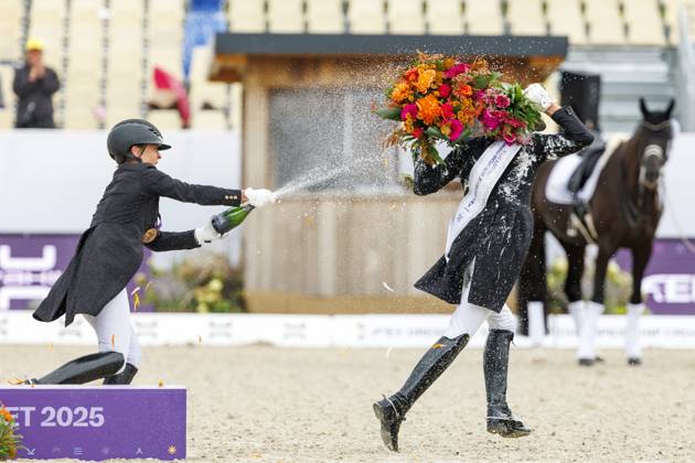 CROZET (FRA) - FEI Dressage European Championship, EM, Europameisterschaft 2025, CROZET (FRA) - FEI Dressage European Championship 2025 VERBOOMEN Justin (BEL), LAUDRUP-DUFOUR Cathrine (DEN), WERTH Isabell (GER) Sektdusche Siegerehrung Prize giving ceremony Grand Prix Special - Individual Competition Crozet, Jiva Hill Stables 29. August 2025 -