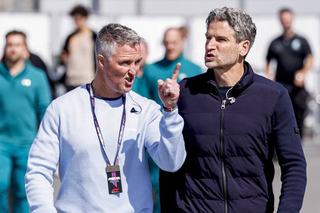 former f1 driver and now analist Ralf Schumacher of Germany looks on and Presenter Peter Hardenacke of Germany during the Formula 1 Heineken Dutch Grand Prix 2025 on Day 2 at Circuit Zandvoort on August 30, 2025 in Zandvoort, Netherlands. (Photo by Marcel ter Bals DeFodi Images)
