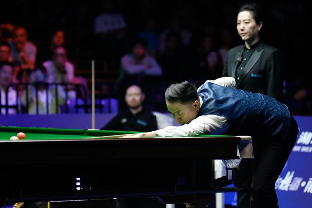 WUHAN, CHINA - AUGUST 30: Xiao Guodong of China plays a shot in the Final match against Gary Wilson of England on day 7 of the 2025 Wuhan Open at Optics Valley Gymnasium of HUST on August 30, 2025 in Wuhan, Hubei Province of China. Copyright: xTaixChengzhex 111587868023