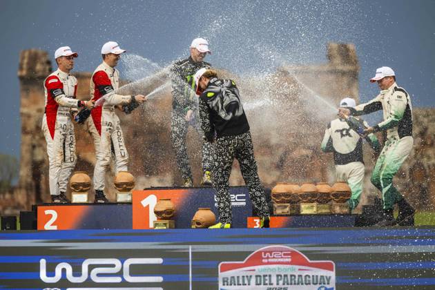 AUTO - WRC, Motorsport Rallye, WM - RALLY DEL PARAGUAY 2025 SOLBERG Oliver, Toyota Yaris Rally2, portrait, ROSSEL Yohan, Citroen C3 Rally2, portrait, GRYAZIN Nikolay, Skoda Fabia RS Rally2, portrait, podium, portrait during the 2025 Rally del Paraguay, 10th round of the 2025 WRC World Rally Car Championship, from August 28 to 31, 2025 at Encarnacion, Itapua, Paraguay - EncarnacionParaguay Copyright: xNikosxKatikisx