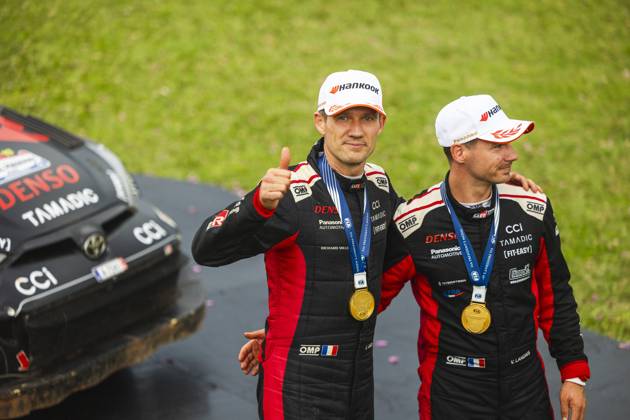 AUTO - WRC, Motorsport Rallye, WM - RALLY DEL PARAGUAY 2025 OGIER Sebastien, Toyota GR Yaris Rally1, portrait, LANDAIS Vincent, Toyota GR Yaris Rally1, portrait, podium, portrait during the 2025 Rally del Paraguay, 10th round of the 2025 WRC World Rally Car Championship, from August 28 to 31, 2025 at Encarnacion, Itapua, Paraguay - EncarnacionParaguay Copyright: xNikosxKatikisx