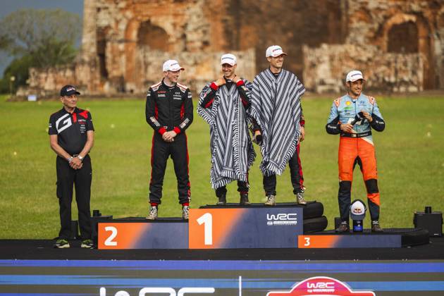AUTO - WRC, Motorsport Rallye, WM - RALLY DEL PARAGUAY 2025 OGIER Sebastien, Toyota GR Yaris Rally1, portrait, LANDAIS Vincent, Toyota GR Yaris Rally1, portrait, podium, portrait during the 2025 Rally del Paraguay, 10th round of the 2025 WRC World Rally Car Championship, from August 28 to 31, 2025 at Encarnacion, Itapua, Paraguay - EncarnacionParaguay Copyright: xNikosxKatikisx