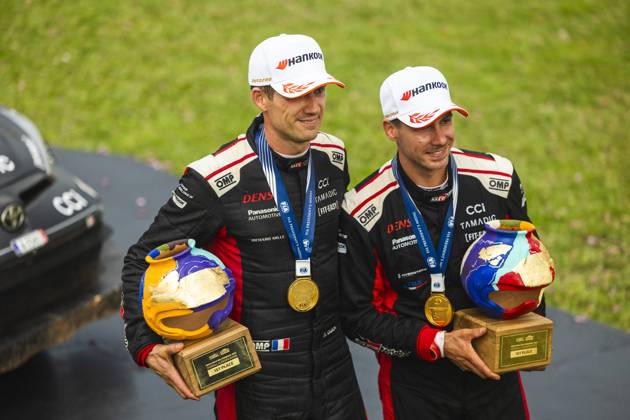 AUTO - WRC, Motorsport Rallye, WM - RALLY DEL PARAGUAY 2025 OGIER Sebastien, Toyota GR Yaris Rally1, portrait, LANDAIS Vincent, Toyota GR Yaris Rally1, portrait, podium, portrait during the 2025 Rally del Paraguay, 10th round of the 2025 WRC World Rally Car Championship, from August 28 to 31, 2025 at Encarnacion, Itapua, Paraguay - EncarnacionParaguay Copyright: xNikosxKatikisx