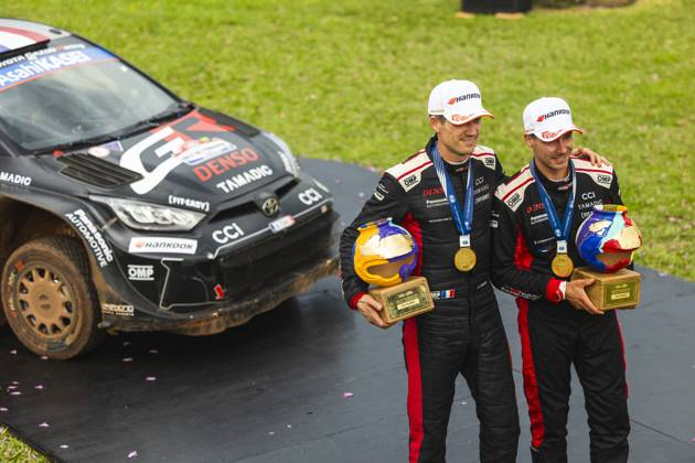 AUTO - WRC, Motorsport Rallye, WM - RALLY DEL PARAGUAY 2025 OGIER Sebastien, Toyota GR Yaris Rally1, portrait, LANDAIS Vincent, Toyota GR Yaris Rally1, portrait, podium, portrait during the 2025 Rally del Paraguay, 10th round of the 2025 WRC World Rally Car Championship, from August 28 to 31, 2025 at Encarnacion, Itapua, Paraguay - EncarnacionParaguay Copyright: xNikosxKatikisx