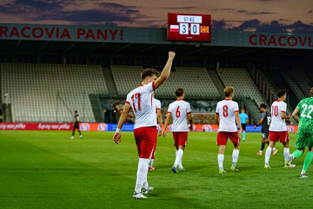 Oskar Pietuszewski seen celebrating after scoring goal during U21, U 21 2027 EURO Qualifying, EM, Europameisterschaft game between national teams of Poland and North Macedonia (Kazimierz Koper Ball Raw Images) Cracow Marshall Pilsudski Cracovia Stadium Poland Copyright: xMaciejxRogowskix kazimierz_koper_poland_macedonia_u21_2526-094
