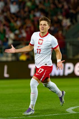 Oskar Pietuszewski seen celebrating after scoring goal during U21, U 21 2027 EURO Qualifying, EM, Europameisterschaft game between national teams of Poland and North Macedonia (Kazimierz Koper Ball Raw Images) Cracow Marshall Pilsudski Cracovia Stadium Poland Copyright: xMaciejxRogowskix kazimierz_koper_poland_macedonia_u21_2526-097