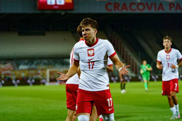 Oskar Pietuszewski seen celebrating after scoring goal during U21, U 21 2027 EURO Qualifying, EM, Europameisterschaft game between national teams of Poland and North Macedonia (Kazimierz Koper Ball Raw Images) Cracow Marshall Pilsudski Cracovia Stadium Poland Copyright: xMaciejxRogowskix kazimierz_koper_poland_macedonia_u21_2526-086