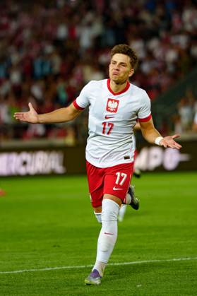 Oskar Pietuszewski seen celebrating after scoring goal during U21, U 21 2027 EURO Qualifying, EM, Europameisterschaft game between national teams of Poland and North Macedonia (Kazimierz Koper Ball Raw Images) Cracow Marshall Pilsudski Cracovia Stadium Poland Copyright: xMaciejxRogowskix kazimierz_koper_poland_macedonia_u21_2526-098