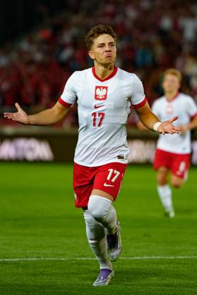 Oskar Pietuszewski seen celebrating after scoring goal during U21, U 21 2027 EURO Qualifying, EM, Europameisterschaft game between national teams of Poland and North Macedonia (Kazimierz Koper Ball Raw Images) Cracow Marshall Pilsudski Cracovia Stadium Poland Copyright: xMaciejxRogowskix kazimierz_koper_poland_macedonia_u21_2526-099
