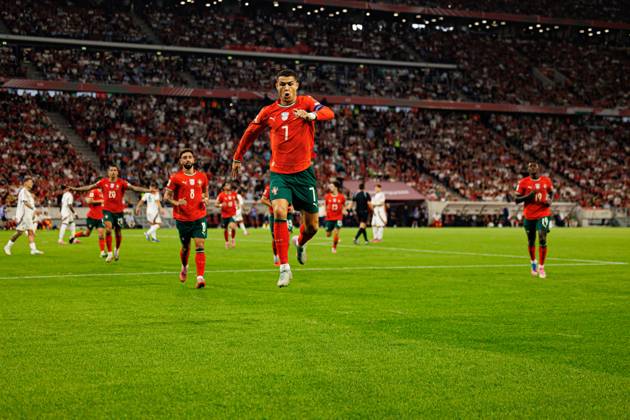 Cristiano Ronaldo seen celebrating after scoring goal during World Cup 2026 European qualification game between national teams of Hungary and Portugal (Maciej Rogowski Ball Raw Images) Budapest Puskas Arena Hungary Copyright: xMaciejxRogowskix maciejrogowski_hungary_portugal_2526-23
