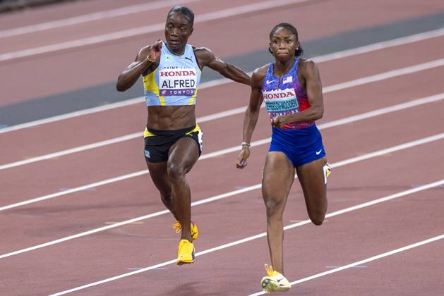 Day 2 - World Athletics Championships Tokyo 2025 Melissa Jefferson-Wooden (R) of the United States and Julien Alfred of Saint Lucia compete in the women s 100-meter final at the World Athletics Championships at the National Stadium in Tokyo on Sept. 14, 2025 Tokyo Japan Copyright: xAndrzejxIwanczukx originalFilename:iwanczuk-day2worl250915_npg97