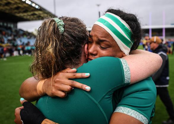 2025 Women s Rugby World Cup Quarter-Final, Sandy Park, Exeter, England 14 9 2025 France vs Ireland Ireland s Fiona Tuite with Eimear Corri-Fallon dejected after the game Fiona Tuite with Eimear Corri-Fallon dejected after the game 14 9 2025 Copyright: x INPHO BenxBradyx BB3_7039