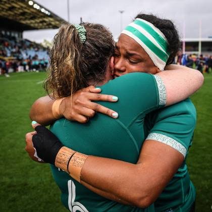 2025 Women s Rugby World Cup Quarter-Final, Sandy Park, Exeter, England 14 9 2025 France vs Ireland Ireland s Fiona Tuite with Eimear Corri-Fallon dejected after the game Fiona Tuite with Eimear Corri-Fallon dejected after the game 14 9 2025 Copyright: x INPHO BenxBradyx BB3_7043