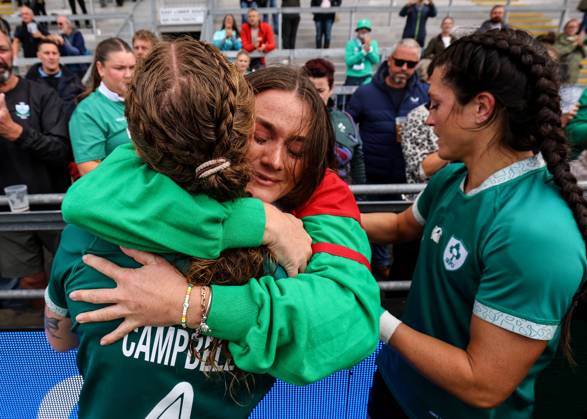 2025 Women s Rugby World Cup Quarter-Final, Sandy Park, Exeter, England 14 9 2025 France vs Ireland Ireland s Ruth Campbell shares a hug with Jane Clohessy after the game Ruth Campbell shares a hug with Jane Clohessy after the game 14 9 2025 Copyright: x INPHO BenxBradyx BB3_7327