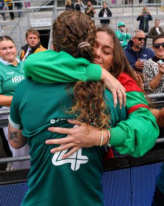 2025 Women s Rugby World Cup Quarter-Final, Sandy Park, Exeter, England 14 9 2025 France vs Ireland Ireland s Ruth Campbell shares a hug with Jane Clohessy after the game Ruth Campbell shares a hug with Jane Clohessy after the game 14 9 2025 Copyright: x INPHO BenxBradyx BB3_7389