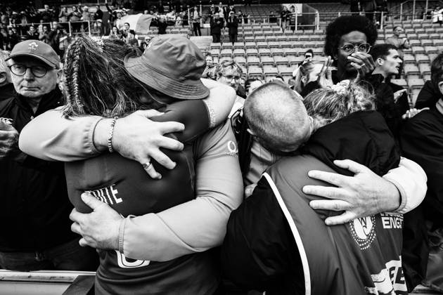 2025 Women s Rugby World Cup Quarter-Final, Sandy Park, Exeter, England 14 9 2025 France vs Ireland Ireland s Fiona Tuite with her Fiance Eric O™Sullivan and Sadhbh McGrath with her Dad Mike McGrath Fiona Tuite with her Fiance Eric O™Sullivan and Sadhbh McGrath with her Dad Mike McGrath 14 9 2025 Copyright: x INPHO BenxBradyx BB3_7570